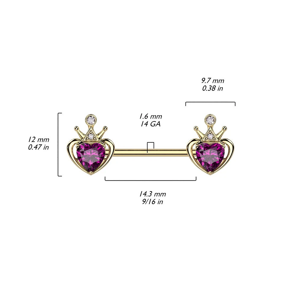 Heart Crown Nipple Barbell 14g