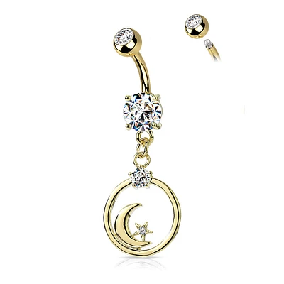 PREMIUM Round Moon and Stars Hoop Navel Dangle 14g