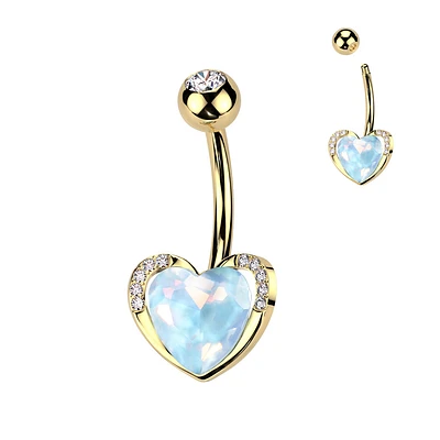 PREMIUM Bezel-Set Aqua Crystal Heart Navel Barbell 14g