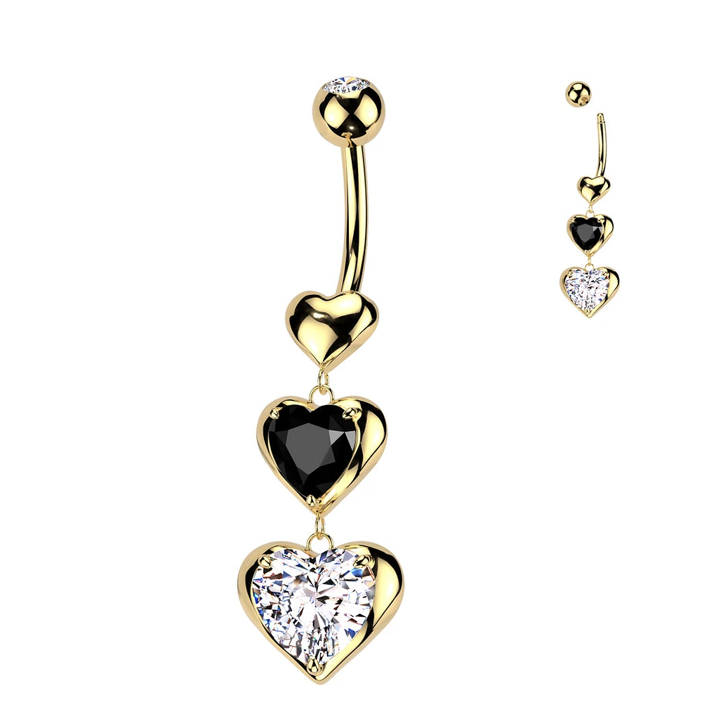 PREMIUM Bezel-Set Triple Heart Chain Navel Dangle 14g