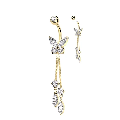 PREMIUM Crystal Butterfly Tear Drop Chain Navel Dangle 14g