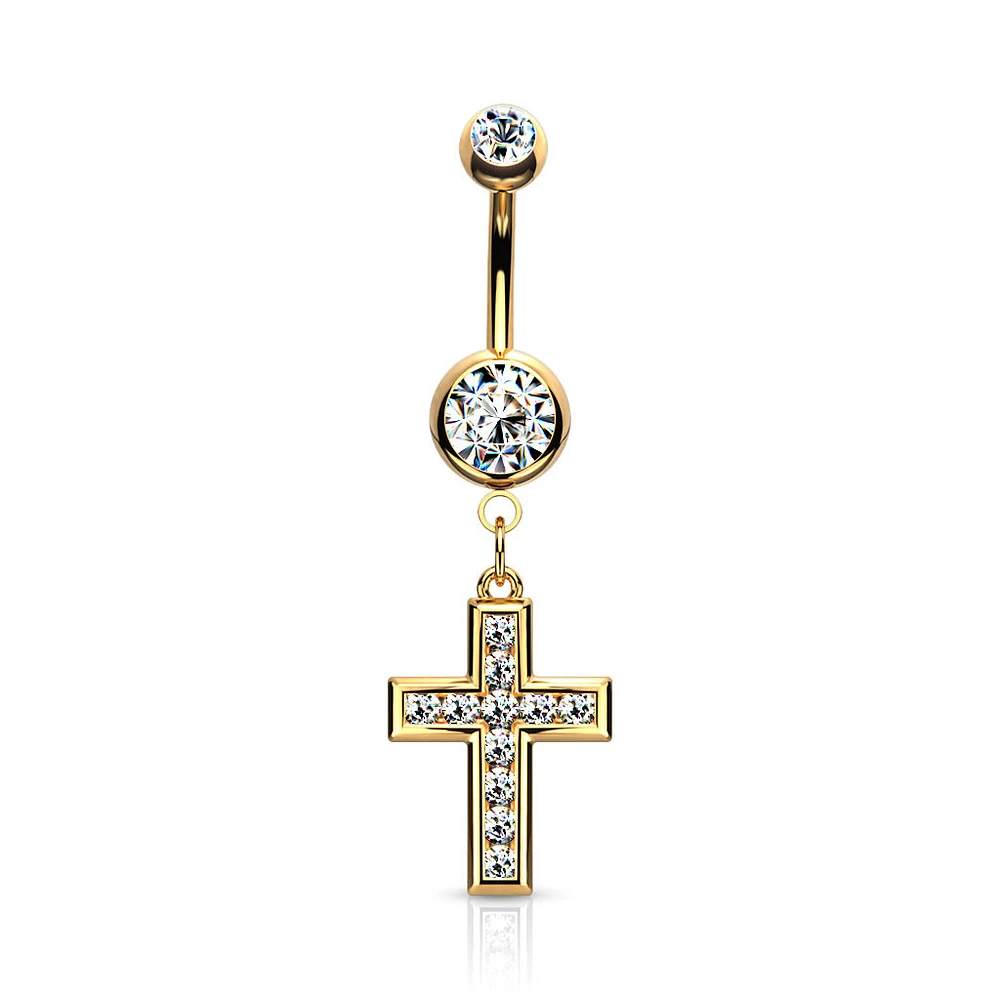 PREMIUM Channel-Set Crystal Cross Navel Dangle 14g
