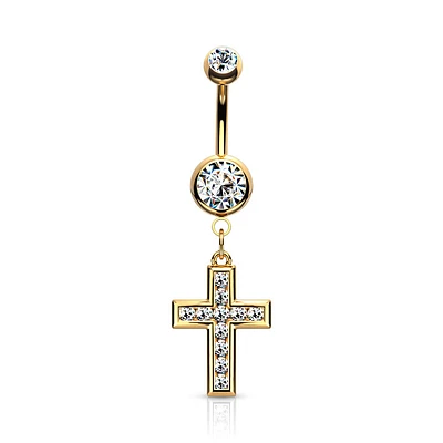 PREMIUM Channel-Set Crystal Cross Navel Dangle 14g