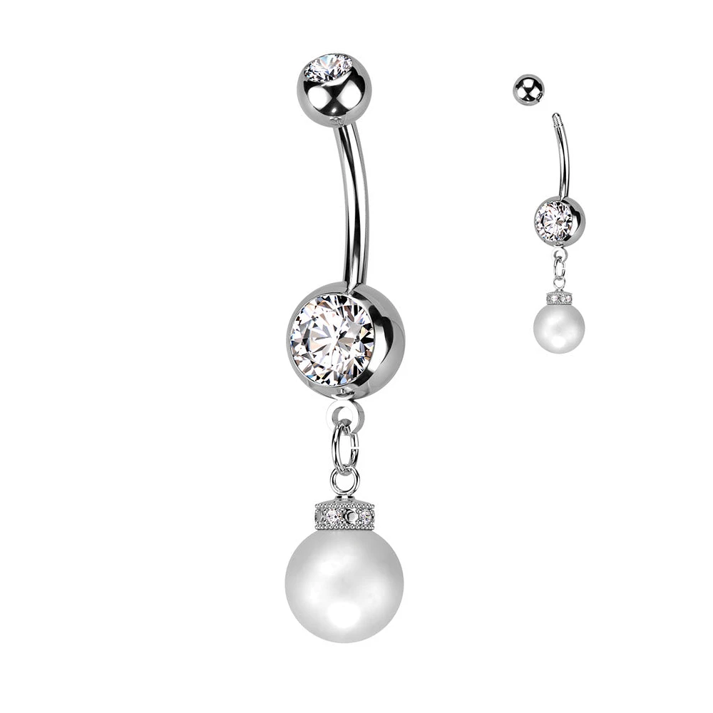 Bezel-Set Pearl Chain Navel Dangle 14g