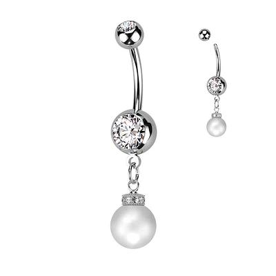 Bezel-Set Pearl Chain Navel Dangle 14g