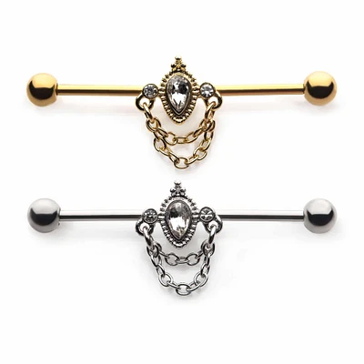 PREMIUM Vintage Crystal + Chain Industrial Barbell 14g