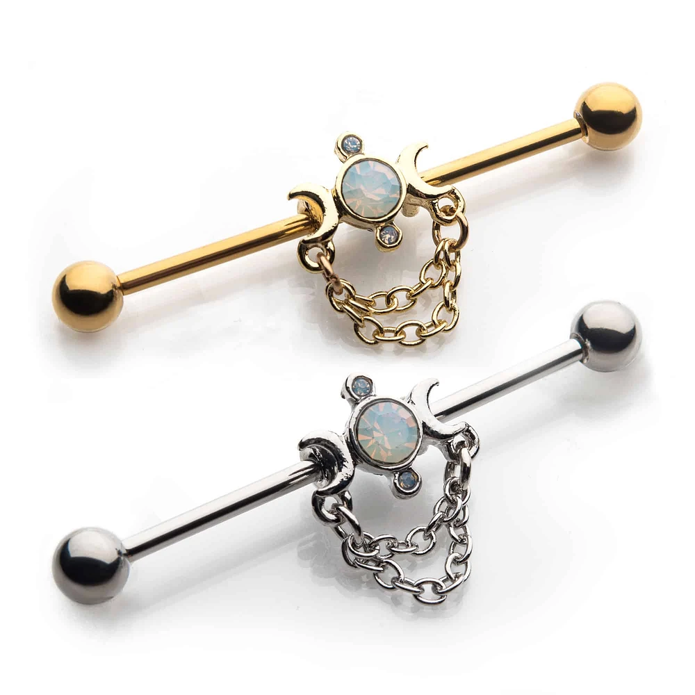 PREMIUM Tri-Moon + Chain Industrial Barbell 14g