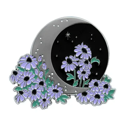 Witchy Silver Moon and Flowers Enamel Pin