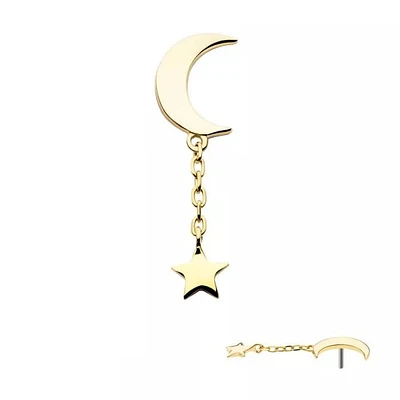 14Kt Gold Threadless Crescent Moon with Dangle Chain & Star Top