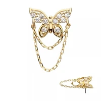 14Kt Yellow Gold Threadless Prong Set Round CZ Butterfly Top with 2 Dangle Chains