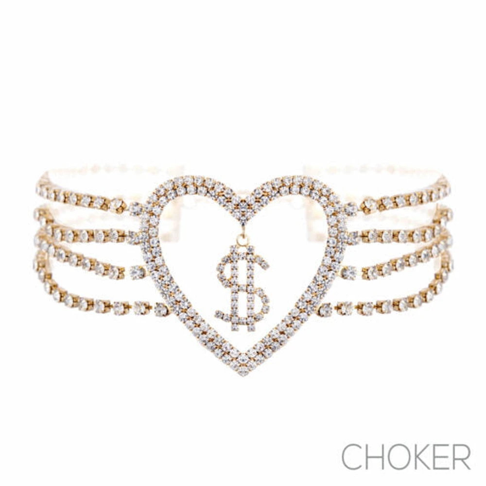 Collier ras du cou avec dollar en strass et cœur