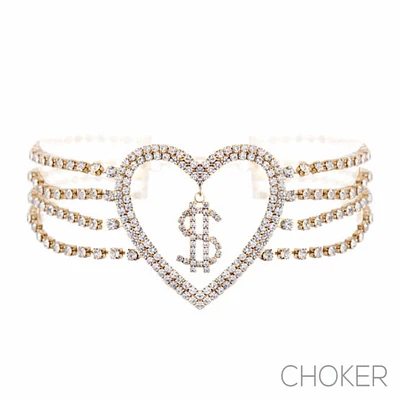 Collier ras du cou avec dollar en strass et cœur