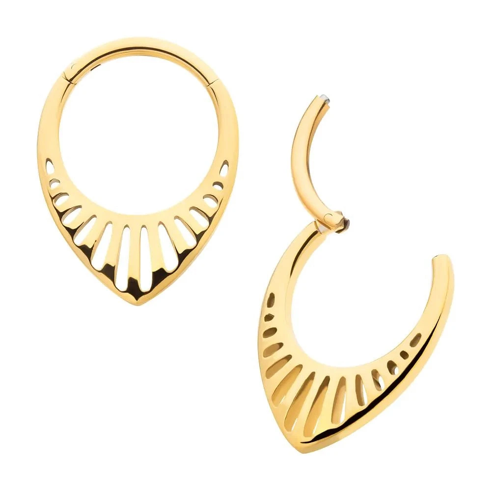 Cutout Teardrop 24Kt Gold PVD Hinged Hoop