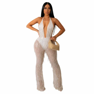 V Neck Jumpsuit With Sequin Mesh Pants