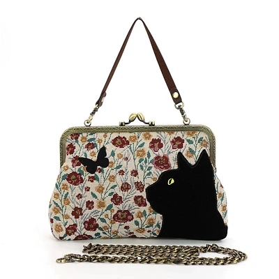 Floral Black Cat Kisslock Bag