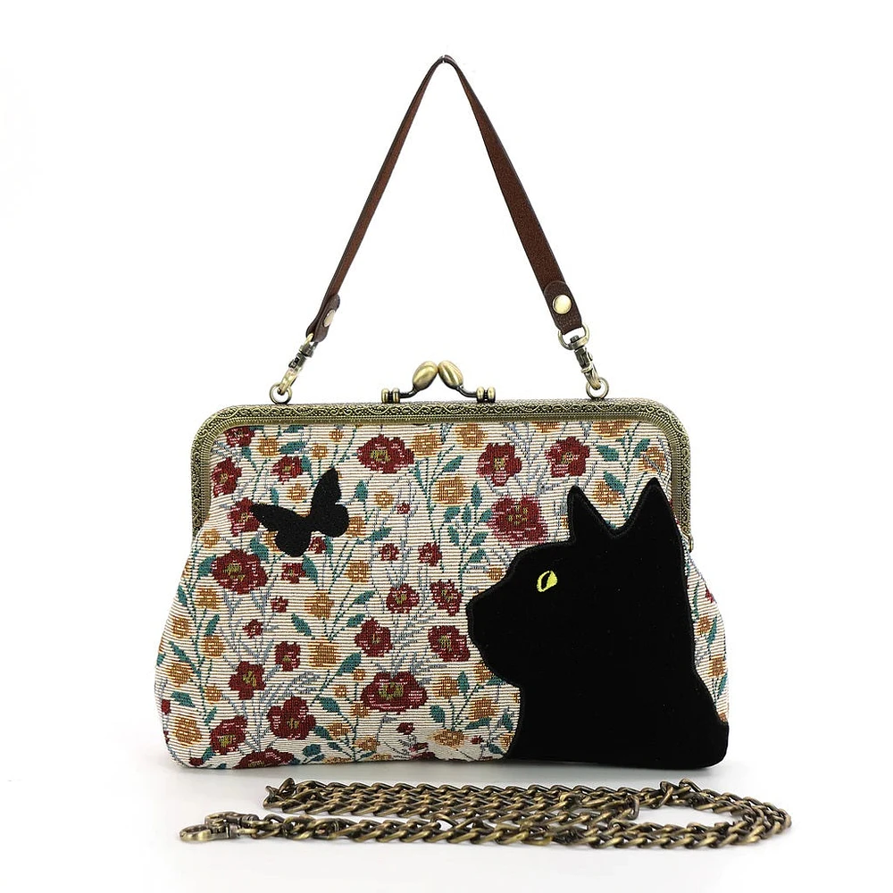 Bolso Kisslock Floral De Gato Negro