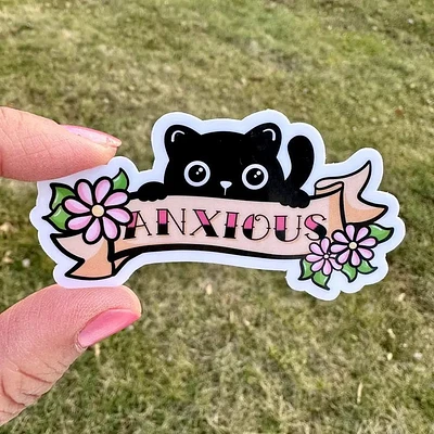 Cute Black Cat Anxious Anxiety Tattoo Style Sticker