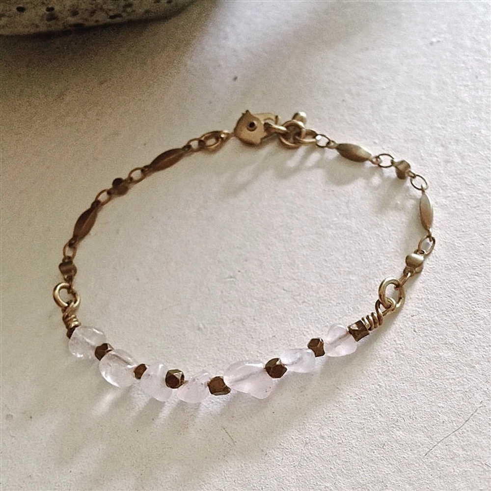 Indira Rose Quartz Ornate Brass Bracelet