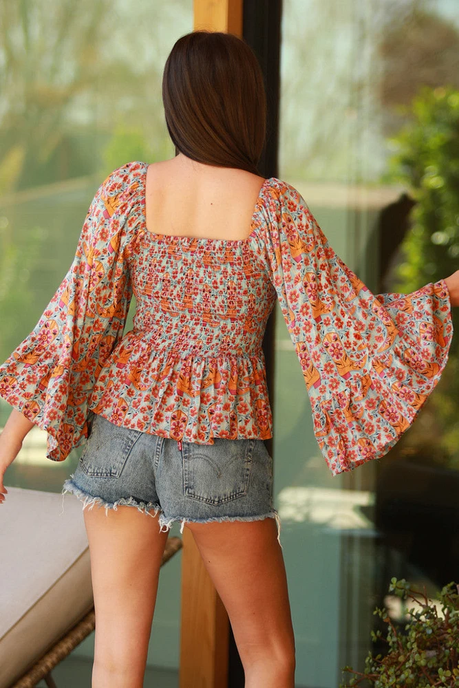 Sky Blue Smocked Bodice Top