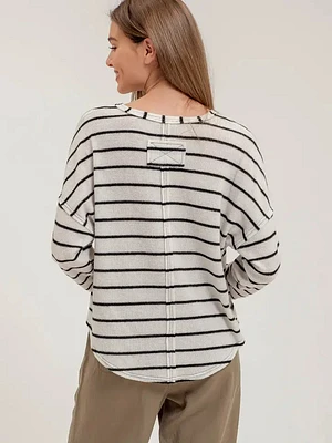 Stripe Exposed Seam Split Neck Knit Top