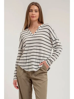 Stripe Exposed Seam Split Neck Knit Top