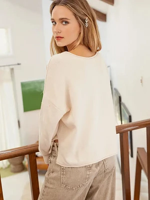 Exposed Seam Split Neck Knit Sweater