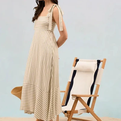 Stripe Tie Strap Sleeveless Maxi Dress Olive