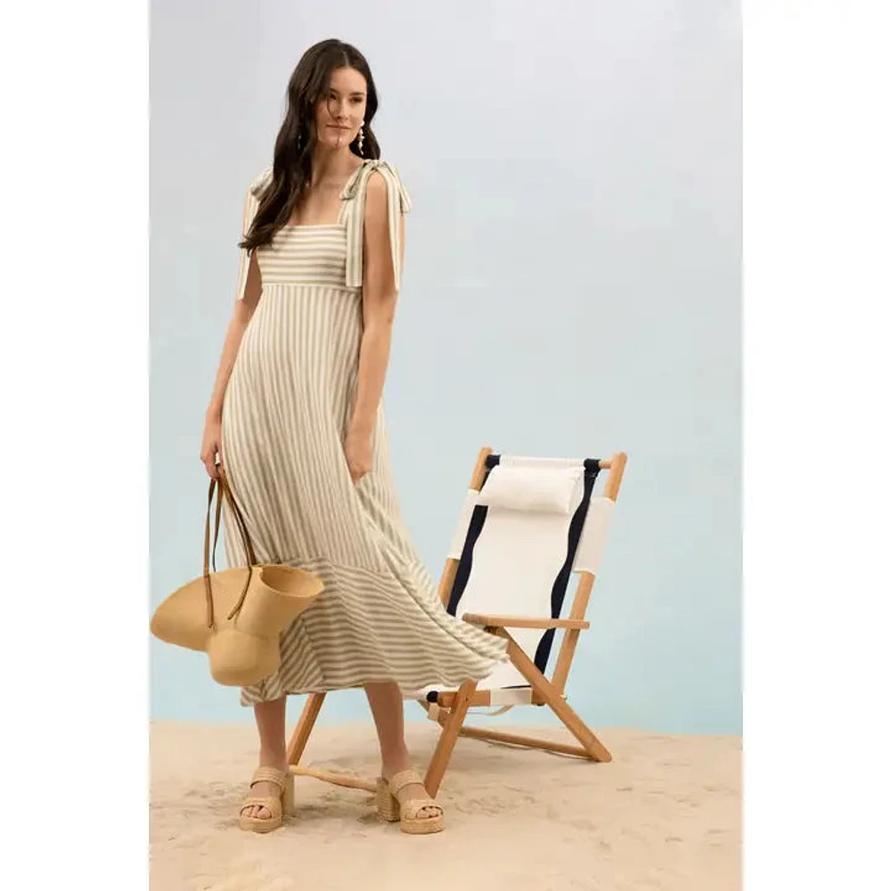 Stripe Tie Strap Sleeveless Maxi Dress Olive