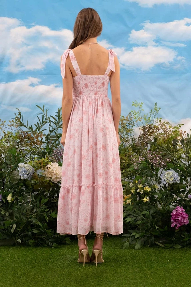 Floral Sweetheart Ruched Front Sleeveless Midi Dress Pink