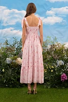 Floral Sweetheart Ruched Front Sleeveless Midi Dress Pink