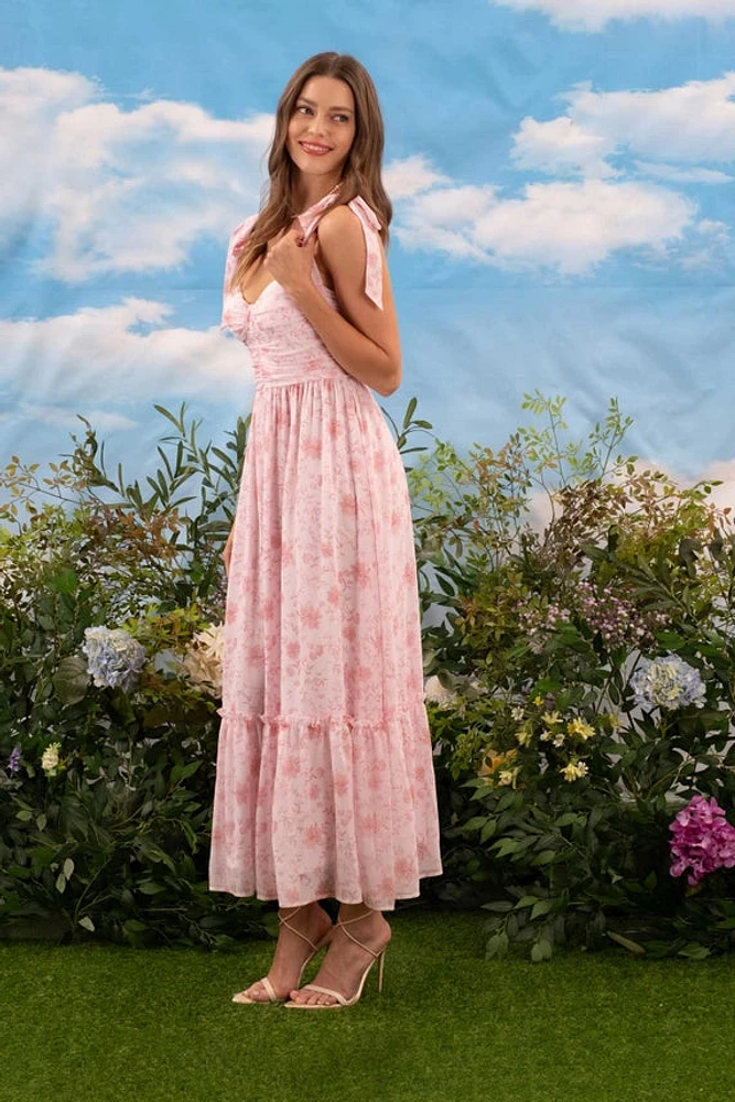 Floral Sweetheart Ruched Front Sleeveless Midi Dress Pink