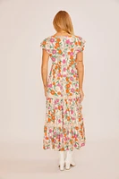 Floral Print V Neck Tiered Lace Trimmed Maxi Dress