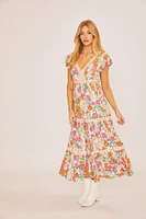 Floral Print V Neck Tiered Lace Trimmed Maxi Dress