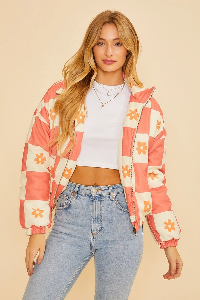 Chaqueta con estampado de cuadros y flores