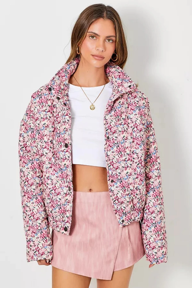 Floral Corduroy Print Puffer Jacket