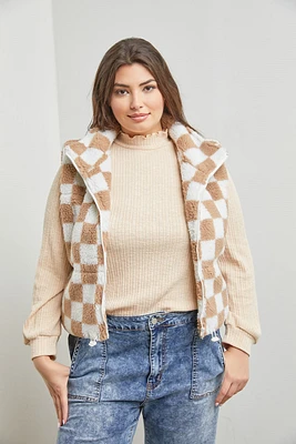 Checkered Sherpa Print Zip Up Vest