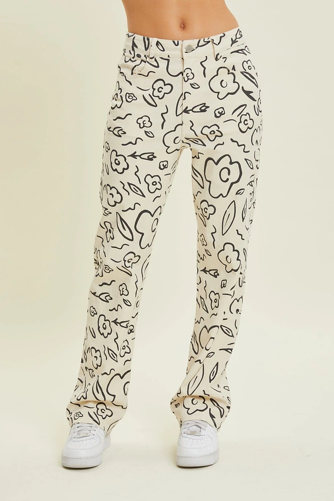 Pantalones de mezclilla elásticos con estampado floral