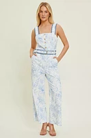 Belted Floral Denim Jumpsuit