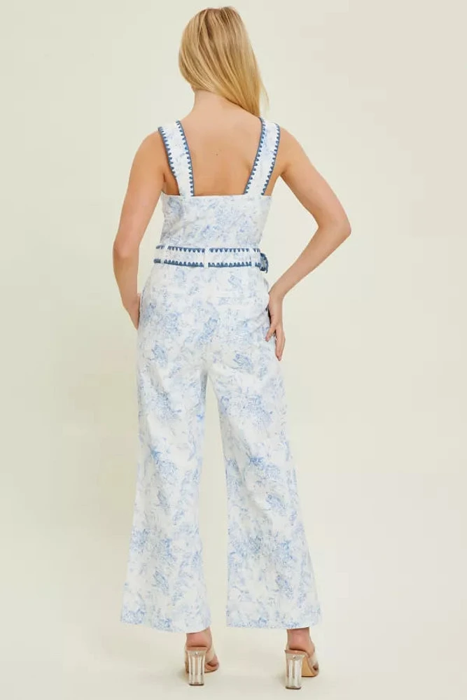 Belted Floral Denim Jumpsuit