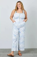 Belted Floral Denim Jumpsuit Plus