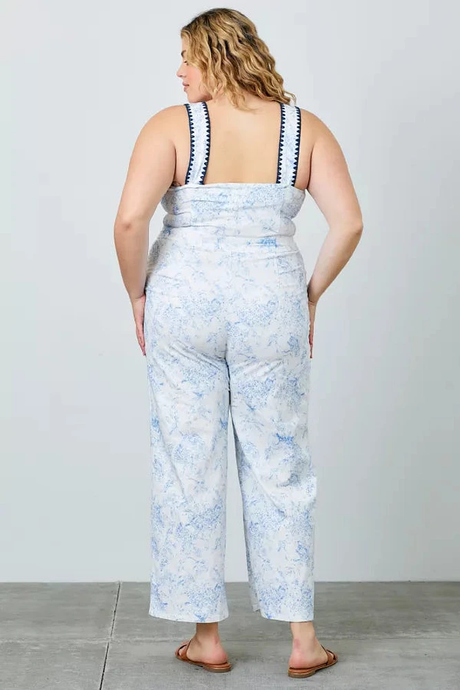 Belted Floral Denim Jumpsuit Plus