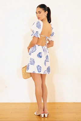 Seahshell Print Midi Dress With Puff Sleeve