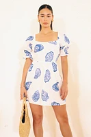 Seahshell Print Midi Dress With Puff Sleeve