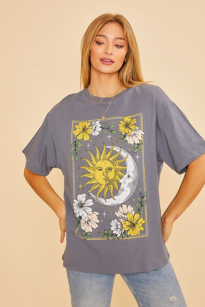 Haut graphique floral soleil et lune