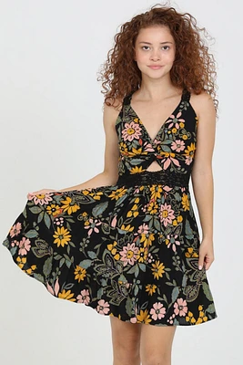 Black Twist Front Tiered Dress