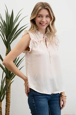 Ruffle Collared Front Tie Sleeveless Top