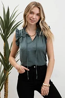 Ruffle Collared Front Tie Sleeveless Top