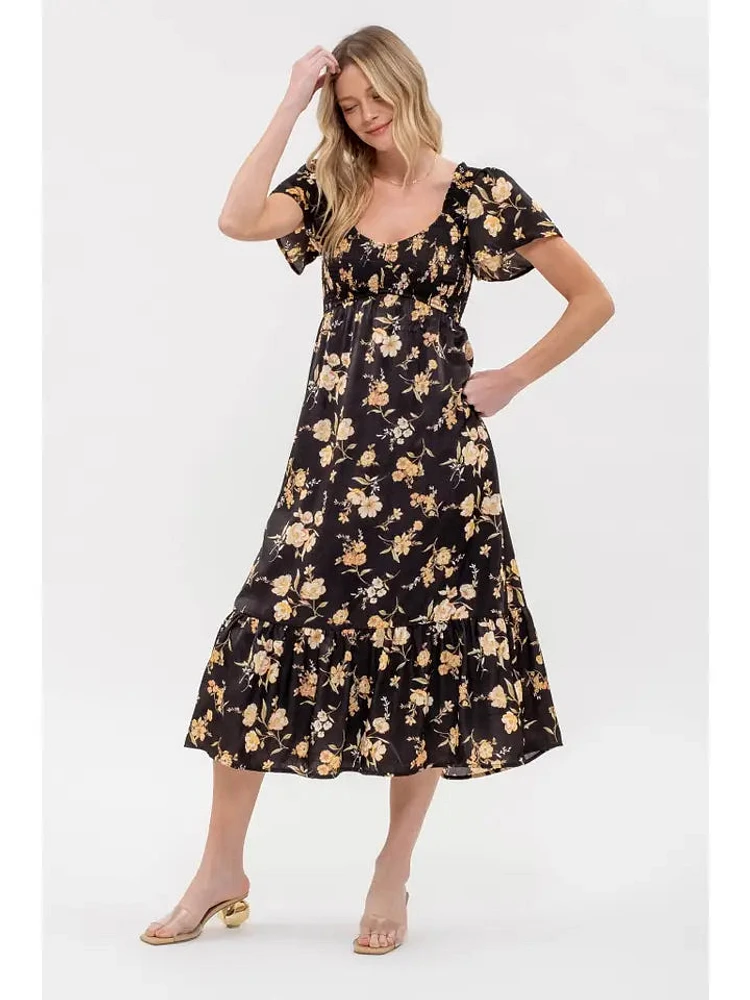 Smocked Floral Print Short Sleeve Midi Dress