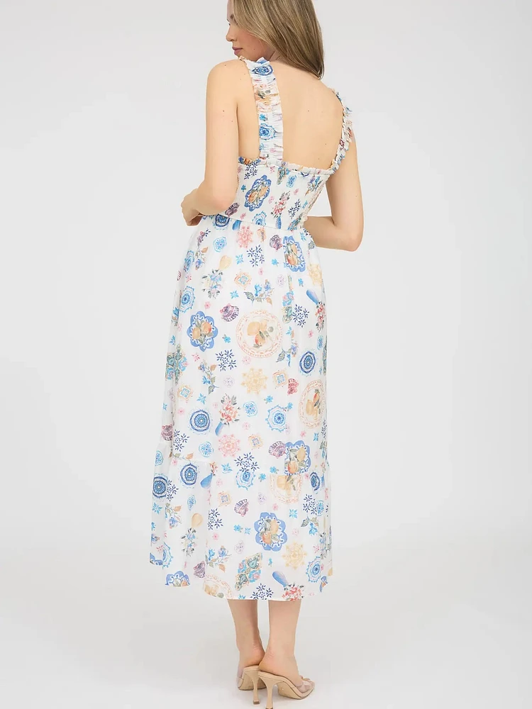 Fruit Print Smocked Sleeveless Midi Dress