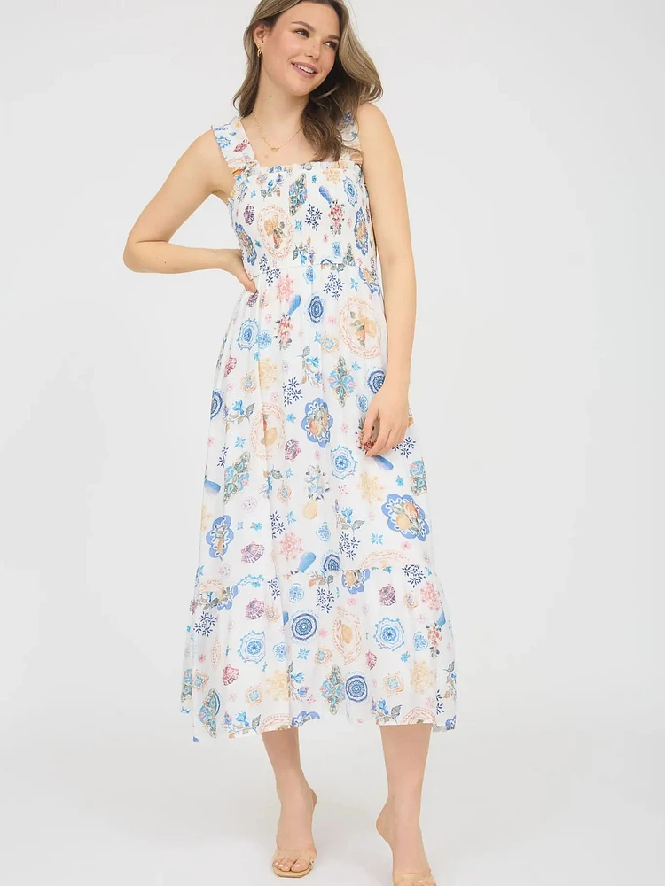 Fruit Print Smocked Sleeveless Midi Dress